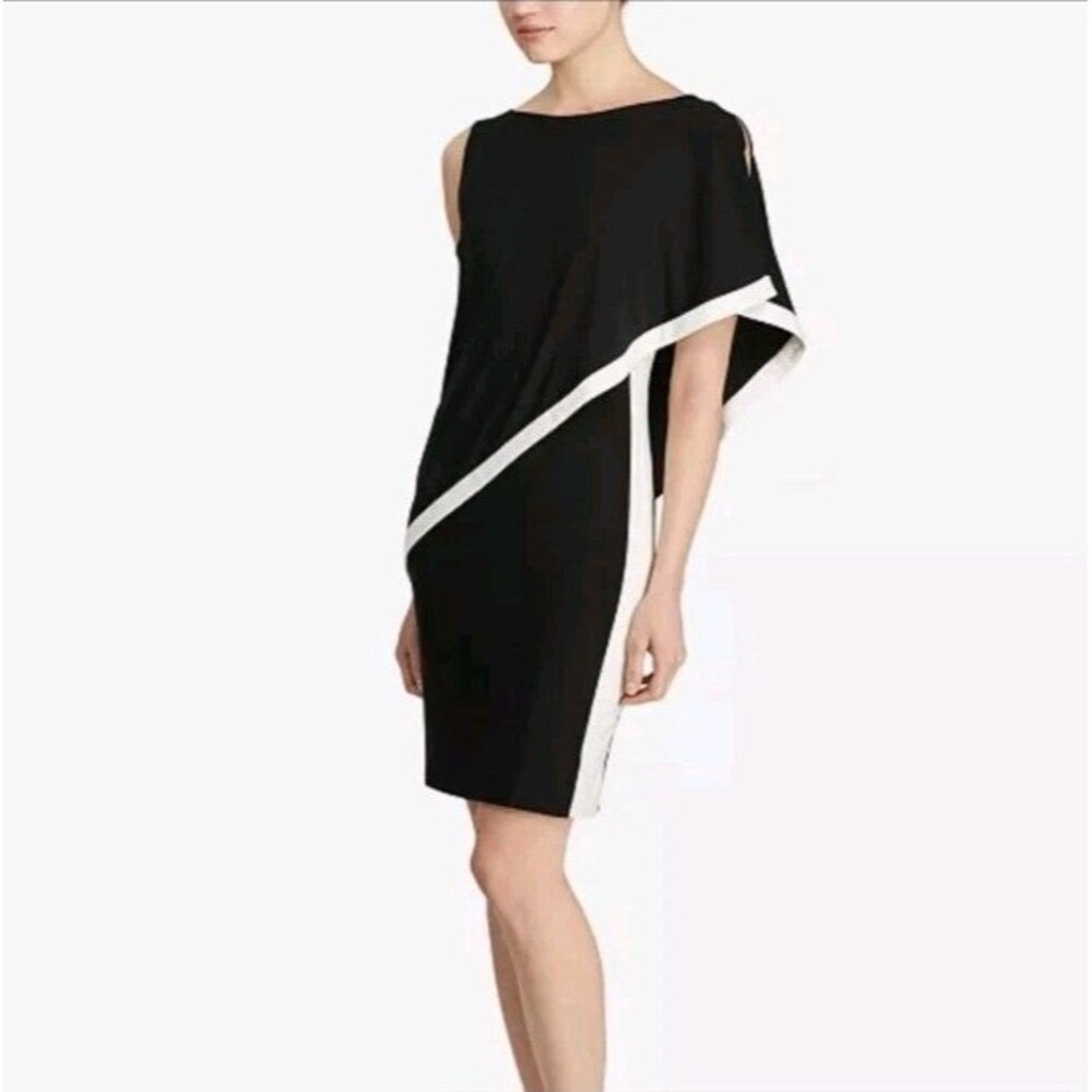 Lauren Ralph Lauren Black White Asymmetric Cape Overlay Jersey Sheath Dress 14